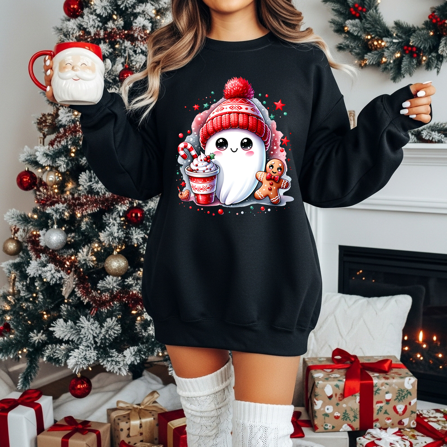 RTS  *CHRISTMAS GHOSTIE WITH LATTE * GLITTER CLEAR FILM SCREEN PRINT TRANSFER