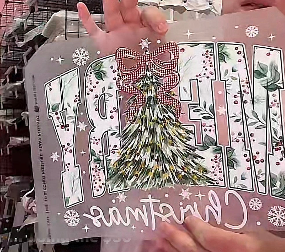 RTS * MERRY CHRISTMAS EVERGREEN * GLITTER CLEAR FILM SCREENPRINT