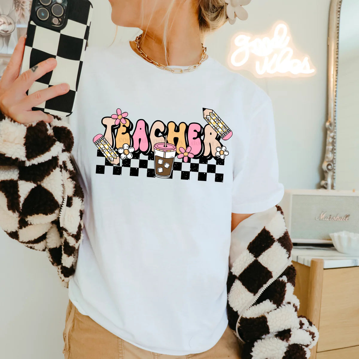 RTS *TEACHER ICE COFFEE* GLITTER CLEAR FILM SCREENPRINT TRANSFER