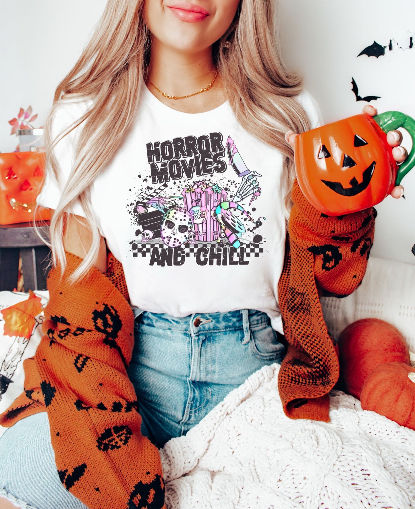 RTS ** HORROR MOVIES AND CHILL W/POCKET ** CLEAR FILM SCREEN PRINT TRANSFER - Nu Kustomz llc