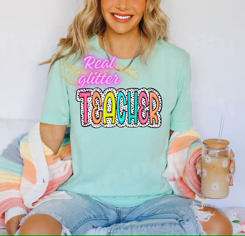 RTS TEACHER POLKA DOTS GLITTER CLEAR FILM SCREEN PRINT TRANSFER