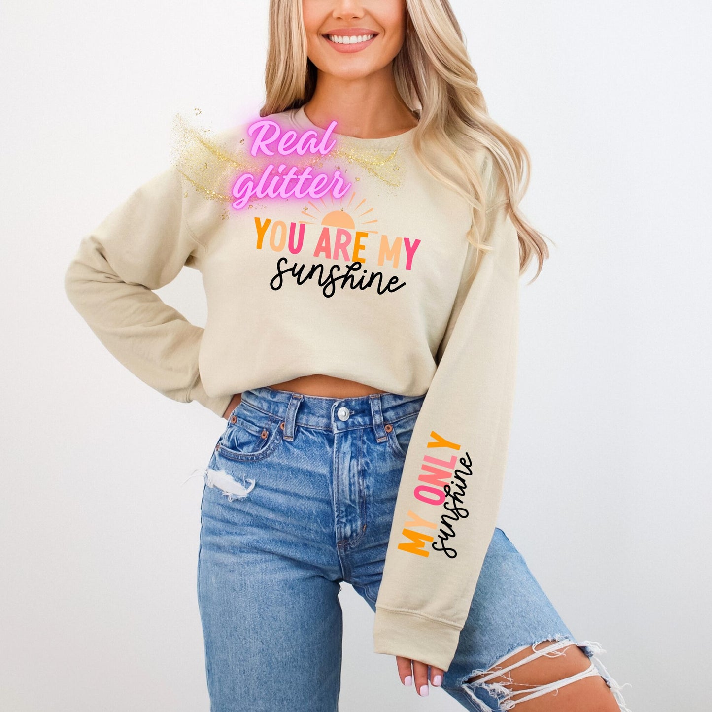YOU ARE MY SUNSHINE GLITTER CLEAR FILM SCREEN PRINT TRANSFER WITH SLEEVE
