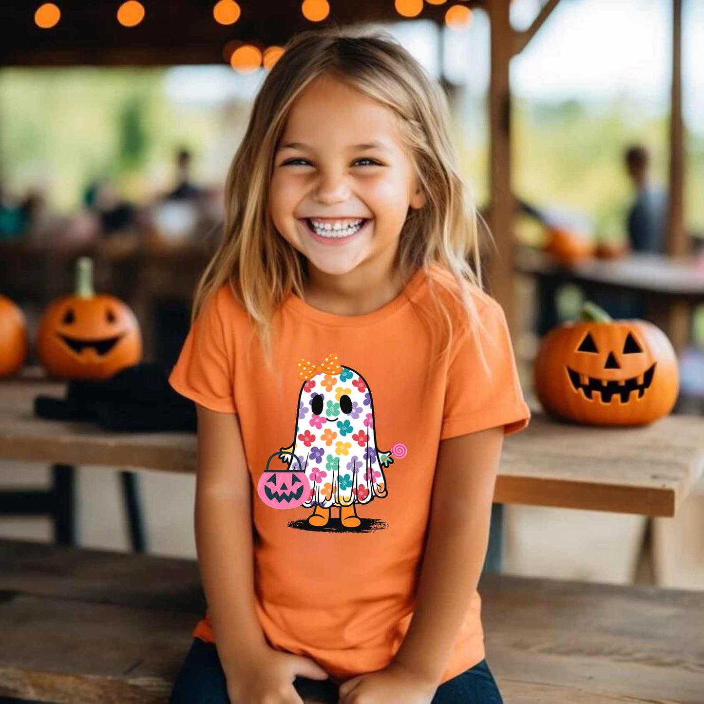 ** CUTE GHOST ORANGE BOW KIDS ** GLITTER CLEAR FILM SCREEN PRINT TRANSFER
