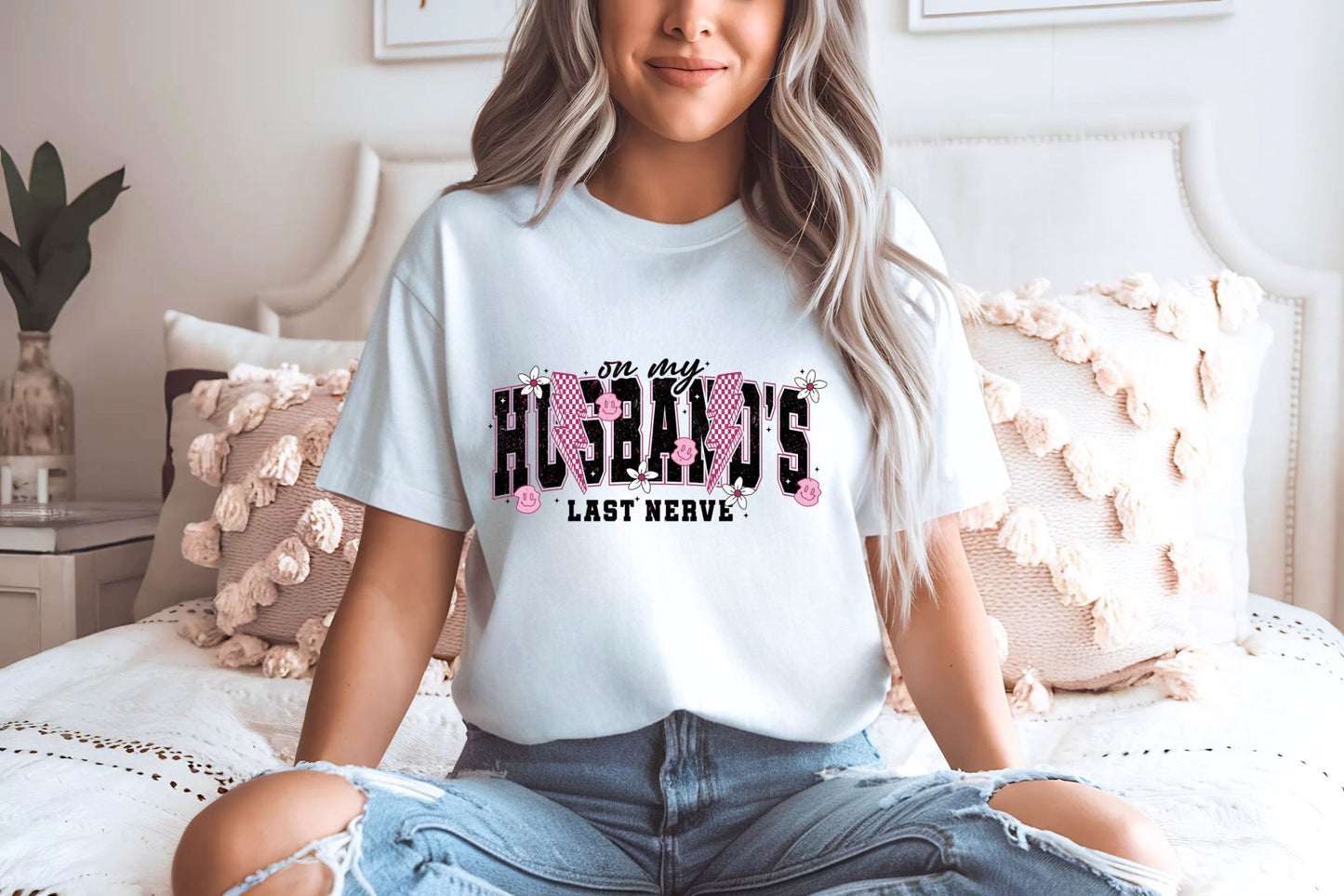 RTS* ON MY HUSBANDS LAST NERVE* GLITTER CLEAR FILM SCREEN PRINT TRANSFER