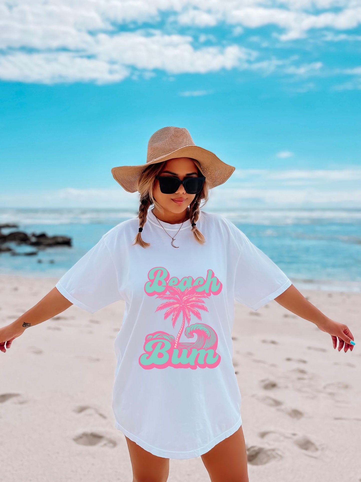 RTS BEACH BUM PALM TREE PINKAND TEAL GLITTER CLEAR FILM SCREEN PRINT TRANSFER