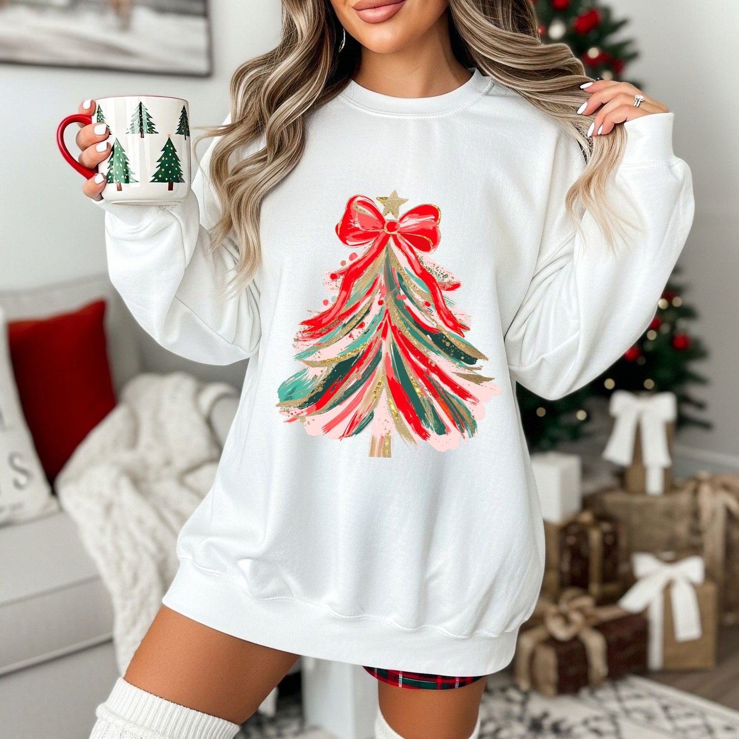 RTS*RED BOW CHRISTMAS TREEE *GLITTER CLEAR FILM SCREEN PRINT TRANSFER