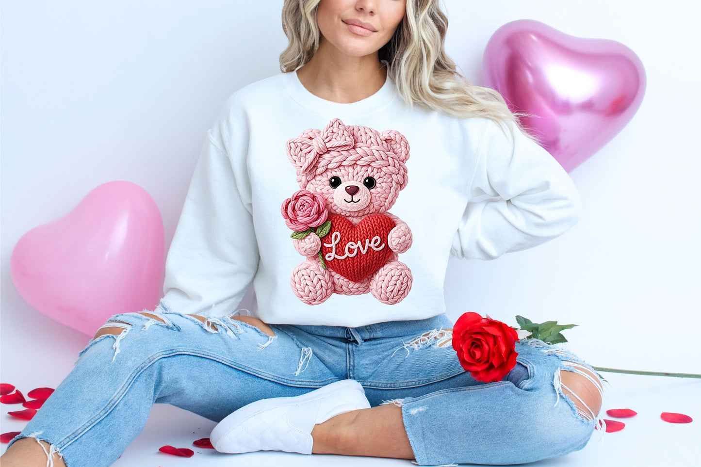 PRE-ORDER**PINK LOVE YARN BEAR** CLEAR FILM SCREEN PRINT TRANSFER WITH GLITTER