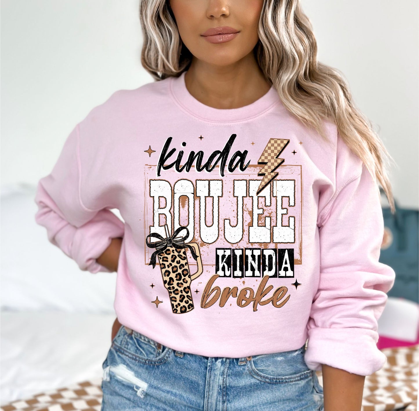 PRE-ORDER **KINDA BROKE KINDA BOUJIE TAN ** CLEAR FILM SCREEN PRINT TRANSFER WITH GLITTER