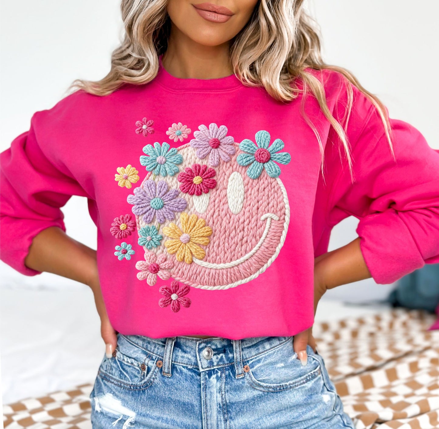 PRE-ORDER **YARN FLOWER SMILEY ** CLEAR FILM SCREEN PRINT TRANSFER WITH GLITTER