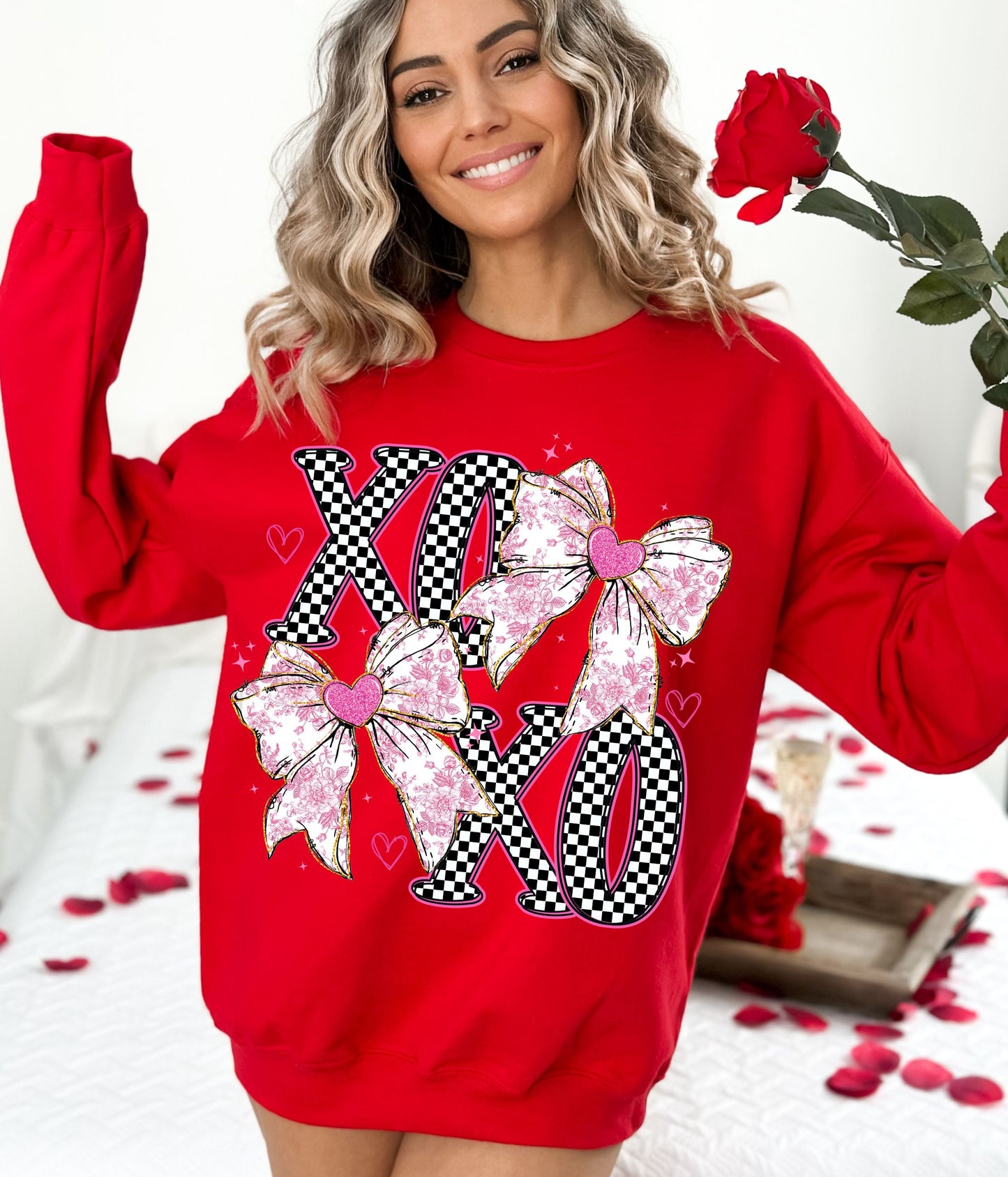 PRE-ORDER **XOXO BOWS CHECKERED ** CLEAR FILM SCREEN PRINT TRANSFER WITH GLITTER