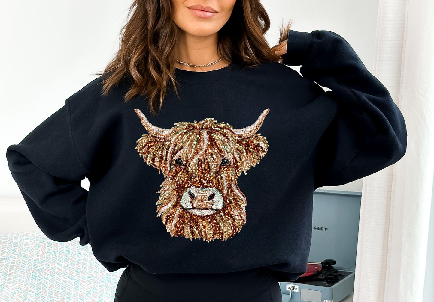 *RTS*SEQUINNED HIGHLAND COW * GLITTER CLEAR FILM SCREEN PRINT TRANSFER*