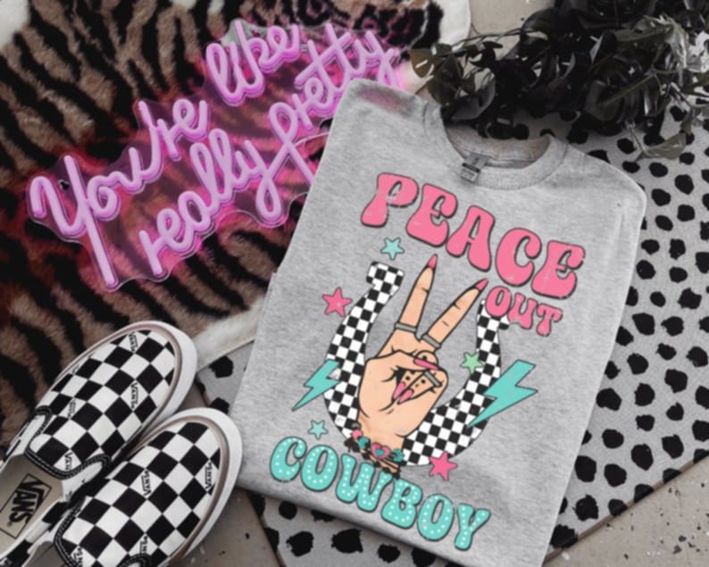 RTS* PEACE OUT COWBOY * GLITTER CLEAR FILM SCREEN PRINT TRANSFER