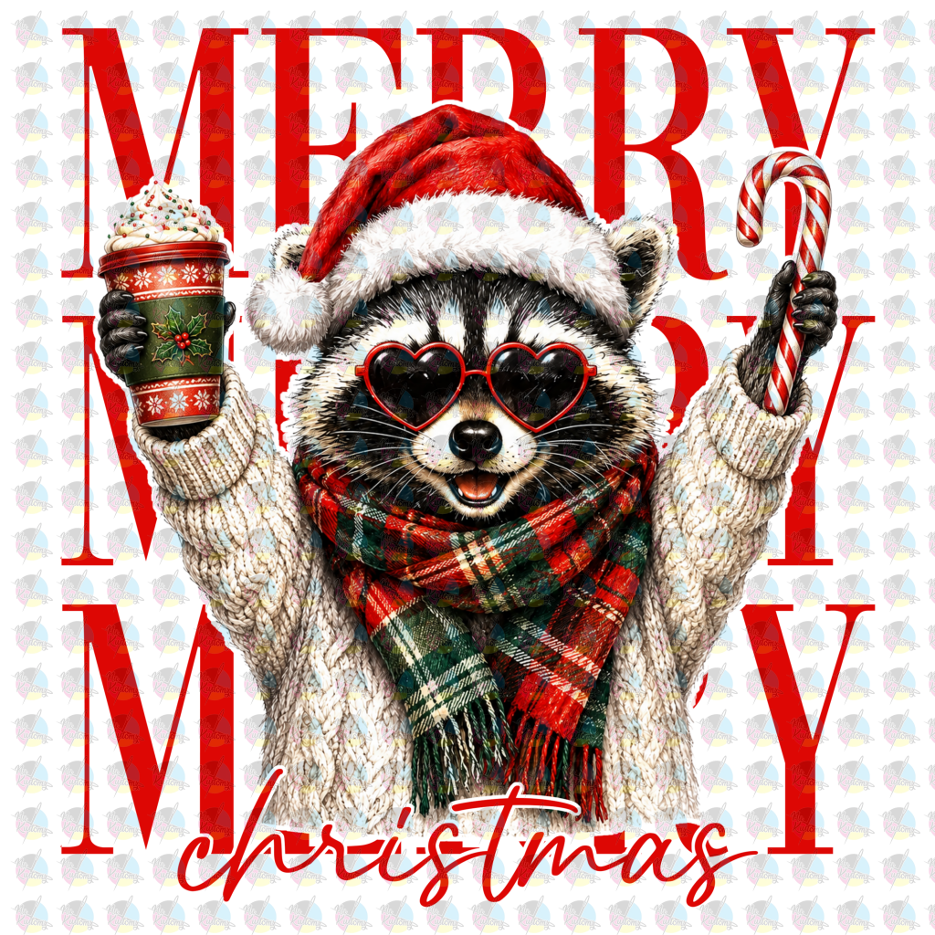 *CHRISTMAS RACCOON * GLITTER CLEAR FILM SCREENPRINT TRANSFER