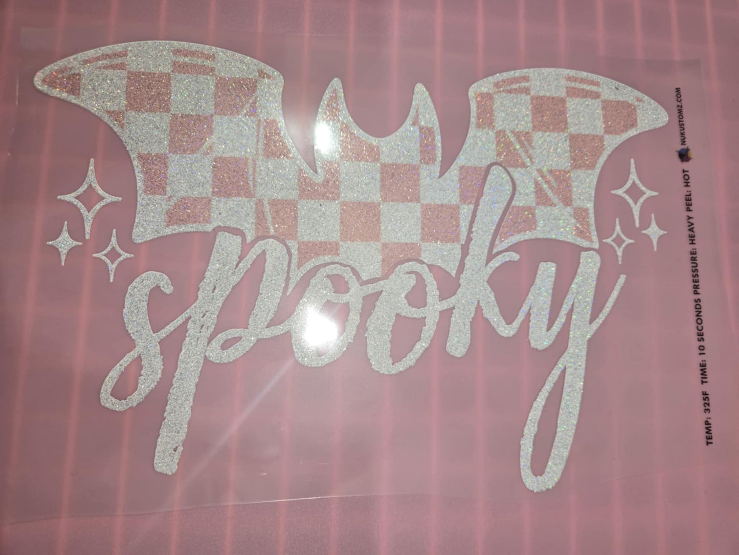 RTS * PINK AND WHITE SPOOKY BAT GLITTER CLEAR FILM SCREEN PRINT TRANSFER*