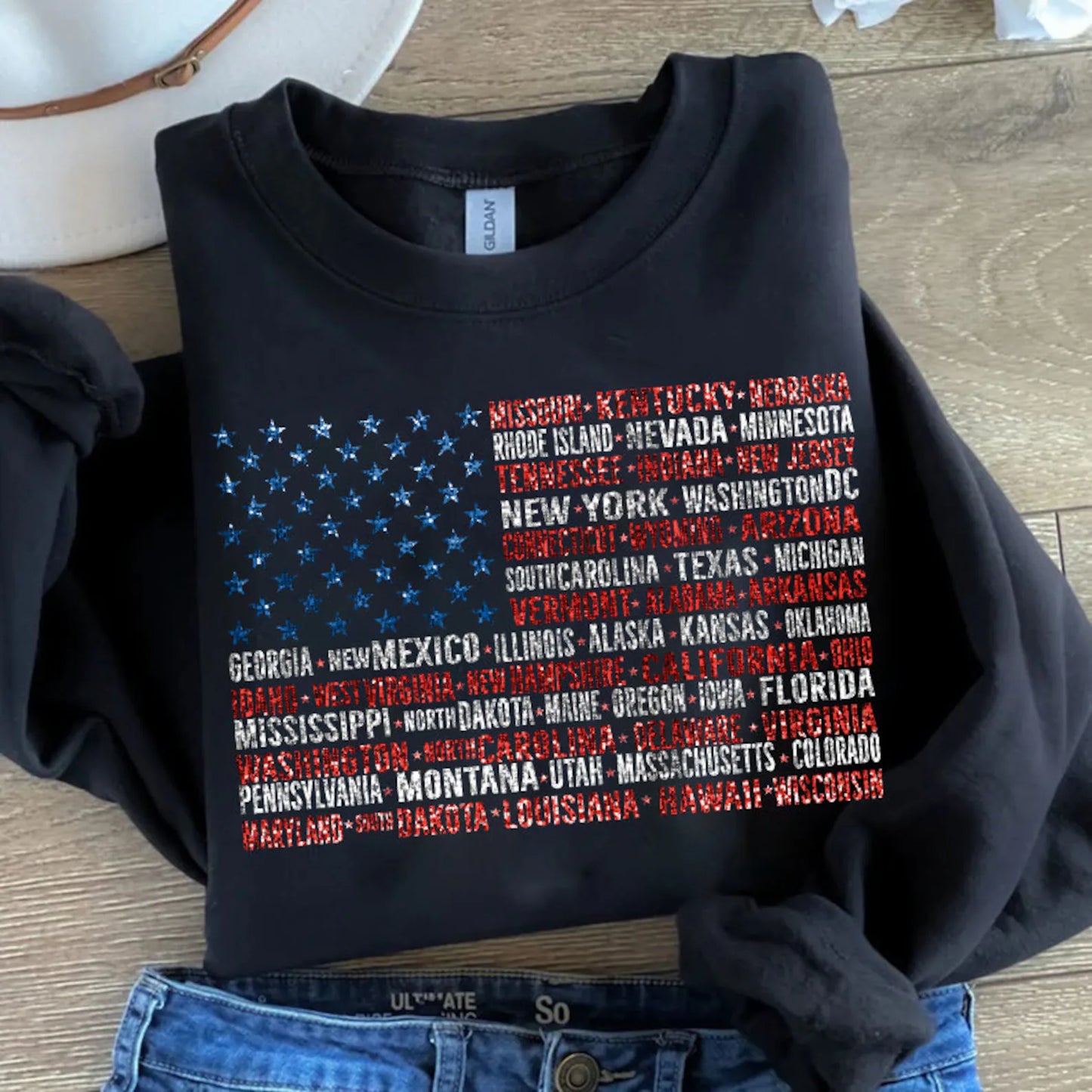 RTS*USA FLAG WITH STATES* GLITTER CLEAR FILM SCREENPRINT TRANSFER