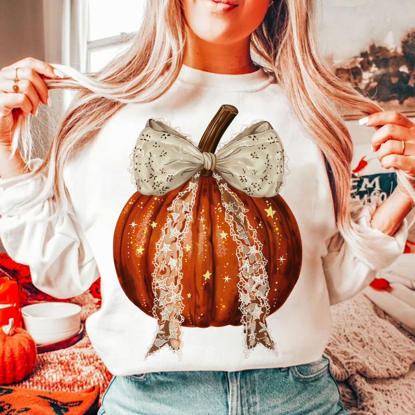 RTS**WHITE BOW PUMPKIN* GLITTER CLEAR FILM SCREENPRINT TRANSFER