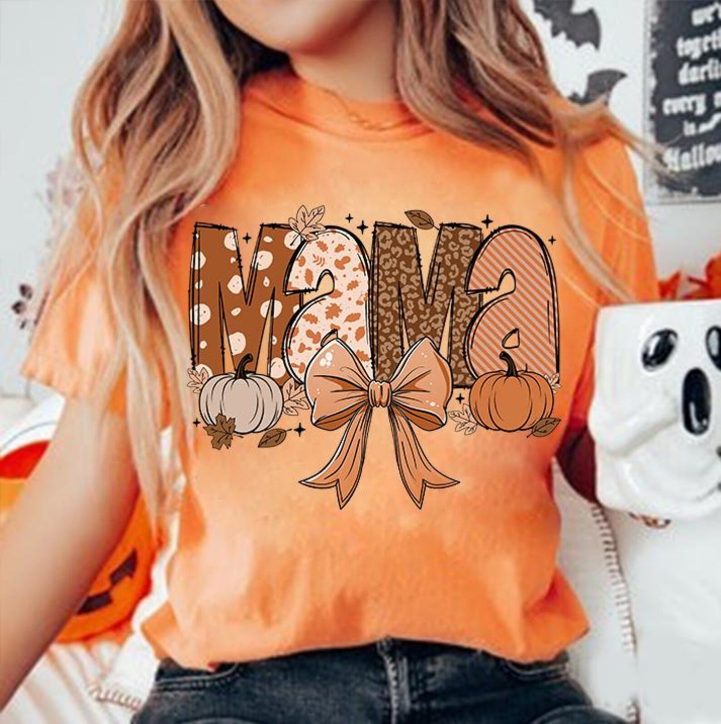 RTS* FALL MAMA WITH BOW * GLITTER CLEAR FILM SCREENPRINT TRANSFER