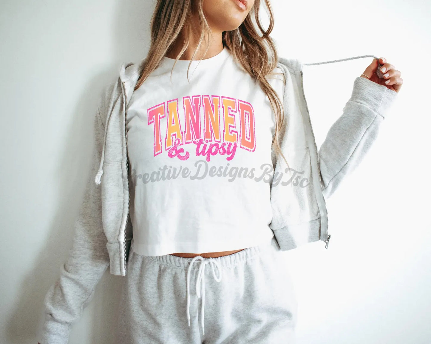 RTS* TANNED AND TIPSY VARSITY* GLITTER CLEAR FILM SCREEN PRINT TRANSFER