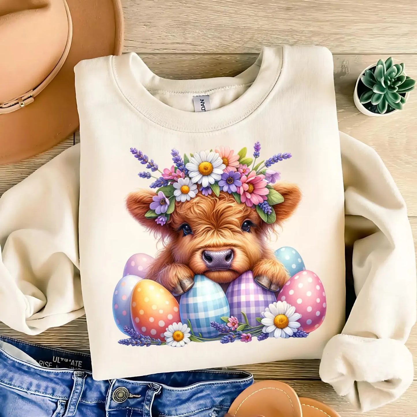 *RTS *CUTE EASTER HIGHLAND COW * GLITTER CLEAR FILM SCREEN PRINT TRANSFER*