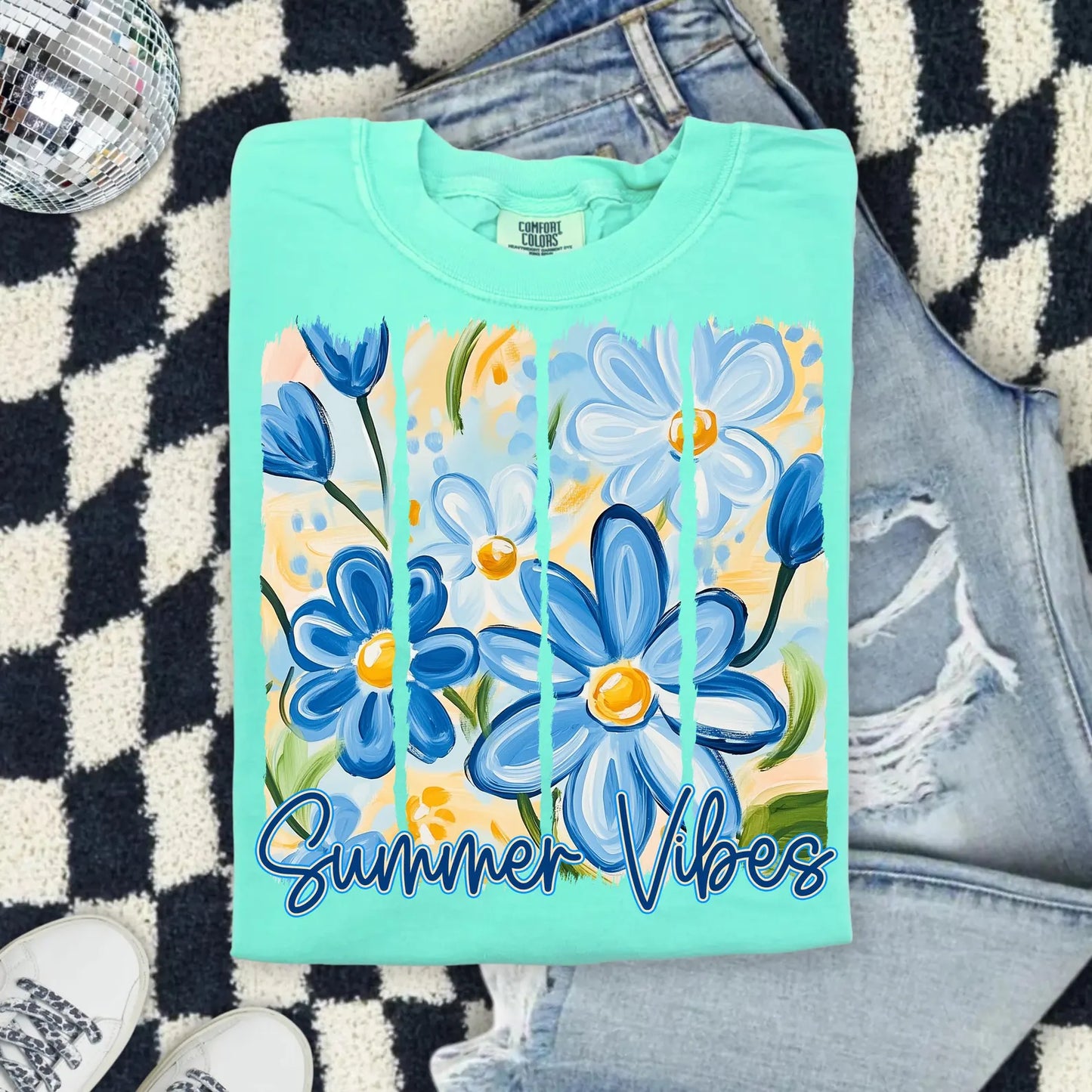 RTS*SUMMER VIBES BLUE FLOWERS* GLITTER CLEAR FILM SCREENPRINT TRANSFER
