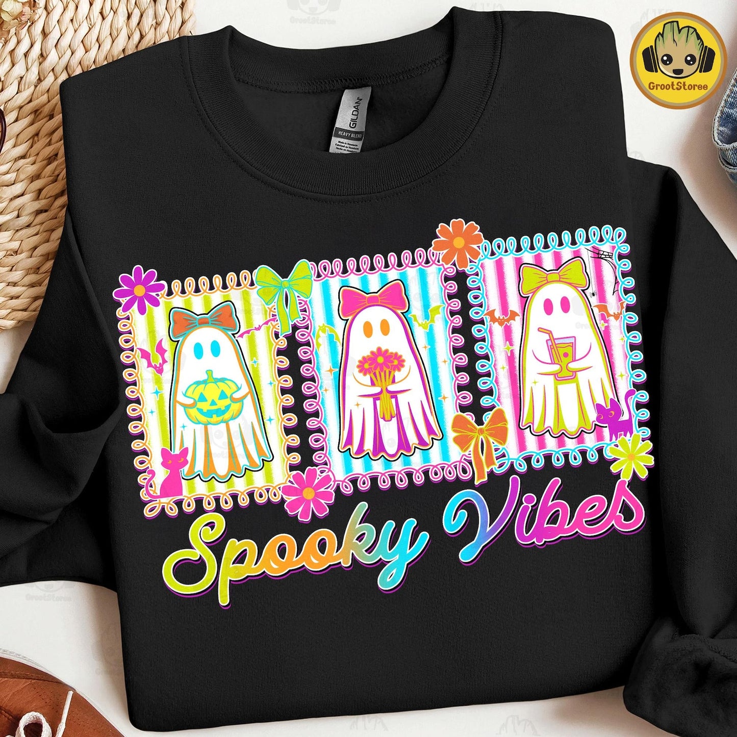 RTS *SPOOKY SEASON NEON GHOST WITH BASKETS* GLITTER CLEAR FILM SCREENPRINT TRANSFER