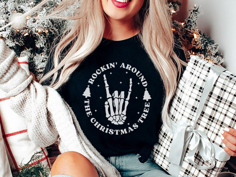 RTS ** ROCKIN AROUND THE CHRISTMAS TREE ** SINGLE COLOR SCREENPRINT TRANSFER ( WHITE) - Nu Kustomz llc