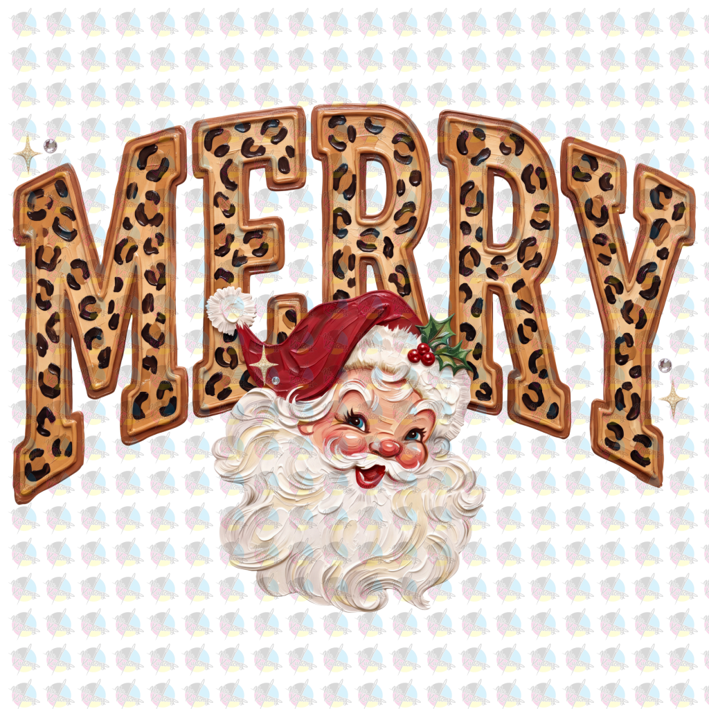 *LEOPARD SANTA MERRY * GLITTER CLEAR FILM SCREENPRINT TRANSFER