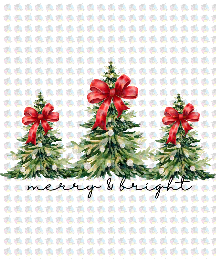 *MERRY AND BRIGHT RED BOW CHRISTMAS TREES * GLITTER CLEAR FILM SCREENPRINT TRANSFER