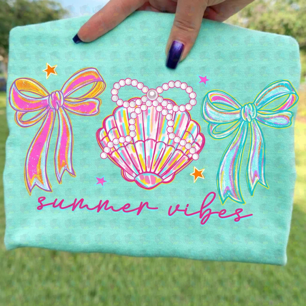 PRE- ORDER**SUMMER VIBES SEA SHELL COUETTE ** GLITTER CLEAR FILM SCREEN PRINT TRANSFER **