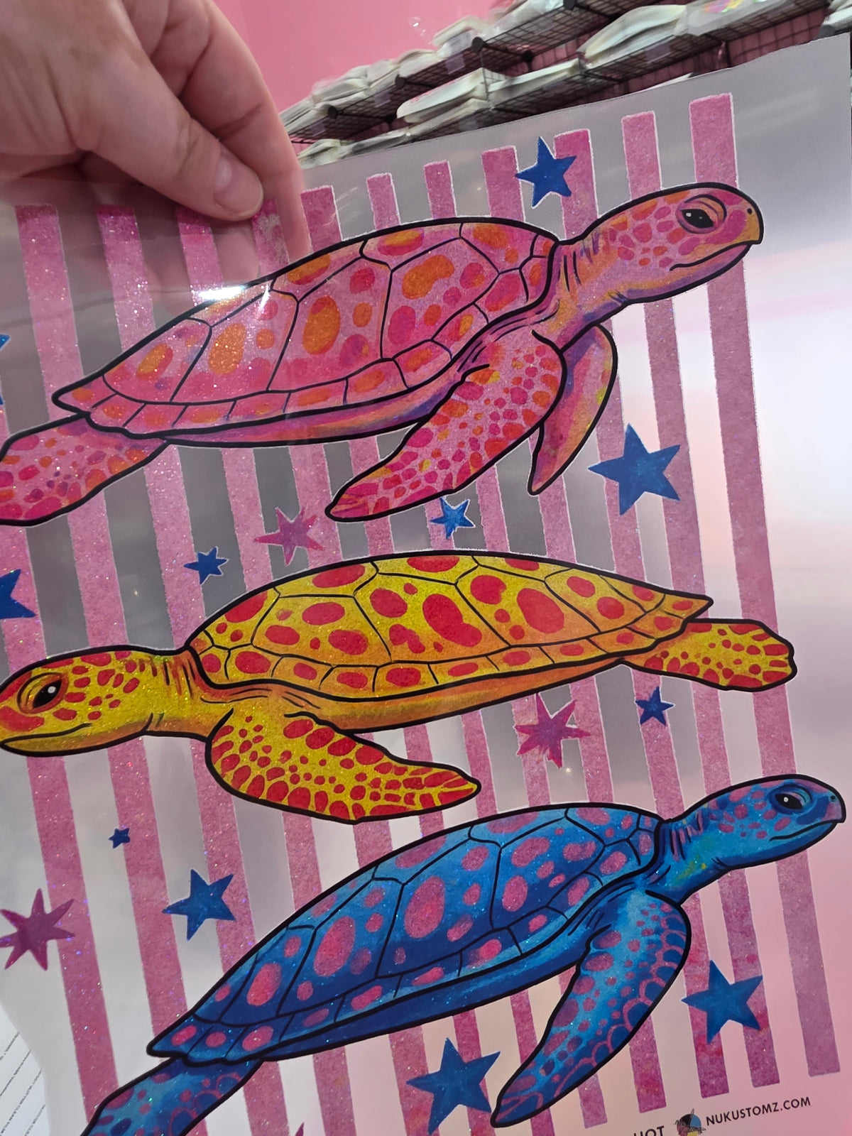 RTS*3 STACKED SEA TURTLE * GLITTER CLEAR FILM SCREEN PRINT TRANSFER