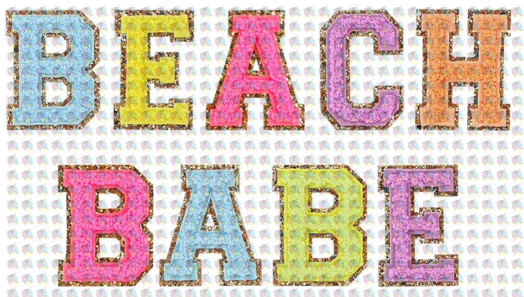 Pre-Order Beach Babe Chenille Letters Glitter Dream Transfer Pocket/koozie Size Screen Print