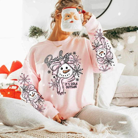 RTS*BABY ITS COLD OUT SIDE SNOWMAN PINK W/ 2 SLEEVES *GLITTER CLEAR FILM SCREEN PRINT TRANSFER