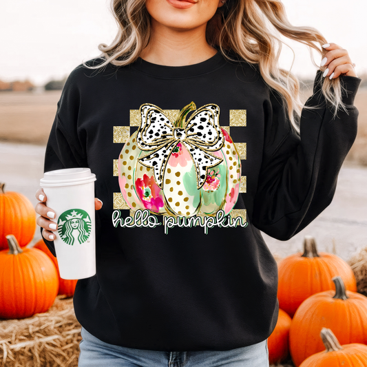 RTS*POLKA DOT BOW HELLO PUMPKIN * GLITTER CLEAR FILM SCREEN PRINT TRANSFER
