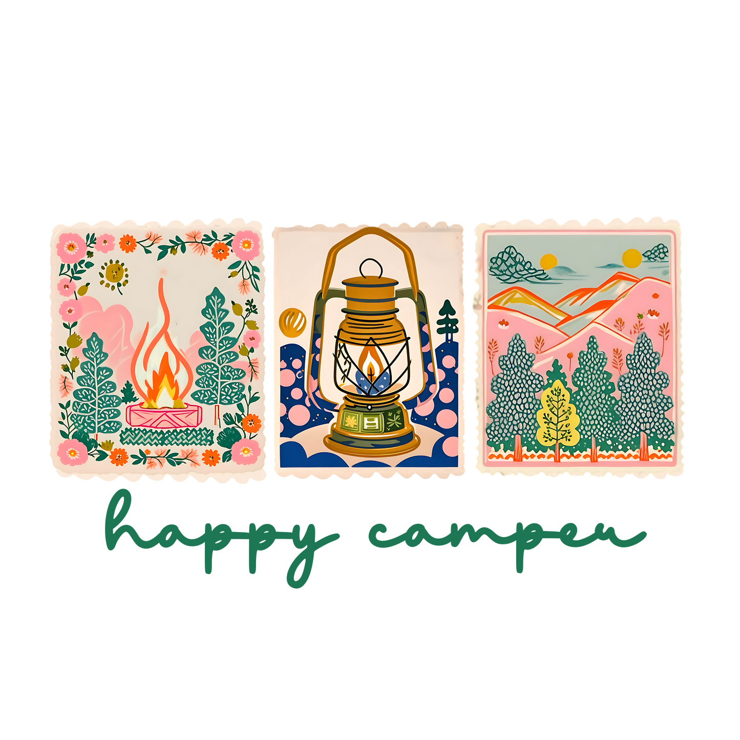 RTS**HAPPY CAMPER ** GLITTER CLEAR FILM SCREEN PRINT TRANSFER **