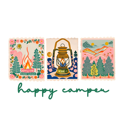 RTS**HAPPY CAMPER ** GLITTER CLEAR FILM SCREEN PRINT TRANSFER **