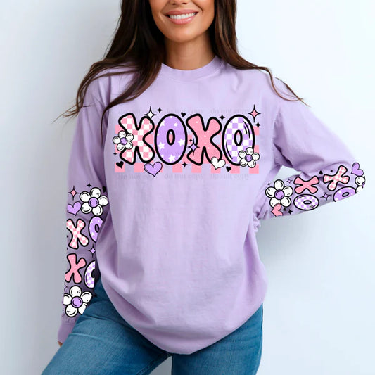 RTS XOXO PINK AND PURPLE W/ 2 SLEEVES * GLITTER CLEAR FILM SCREEN PRINT TRANSFER *