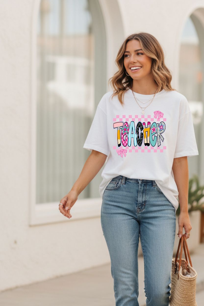 PRE- ORDER**CHECKERED PINK CUTE TEACHER ** GLITTER CLEAR FILM SCREEN PRINT TRANSFER **