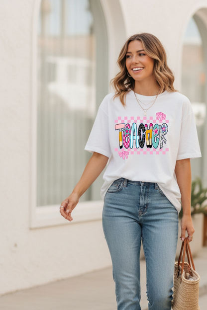 PRE- ORDER**CHECKERED PINK CUTE TEACHER ** GLITTER CLEAR FILM SCREEN PRINT TRANSFER **