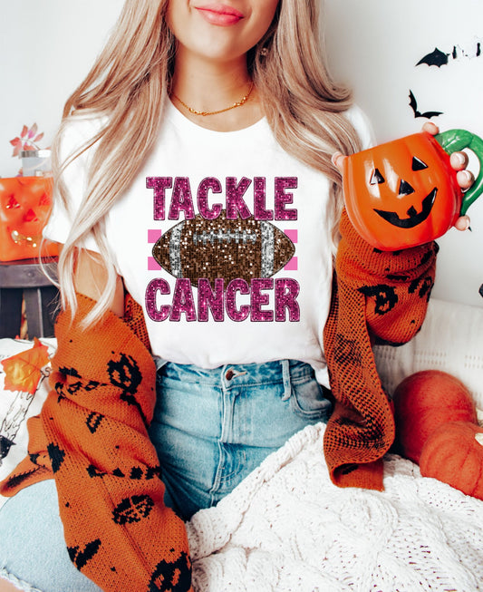 RTS** TACKLE CANCER** GLITTER SEQUINS CLEAR FILM SCREEN PRINT TRANSFER - Nu Kustomz llc