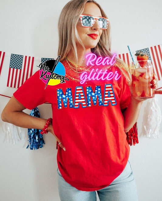 MAMA STARS AND STRIPES GLITTER CLEAR FILM SCREEN PRINT TRANSFER