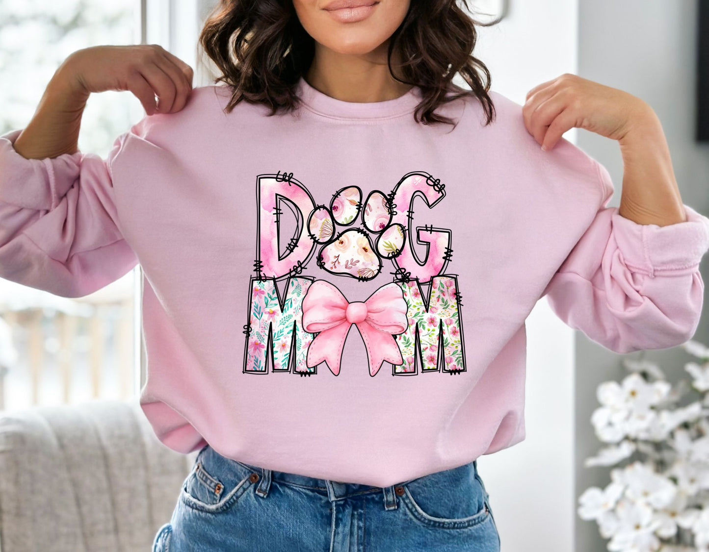 RTS* DOG MOM WITH BOW *  GLITTER CLEAR FILM SCREEN PRINT