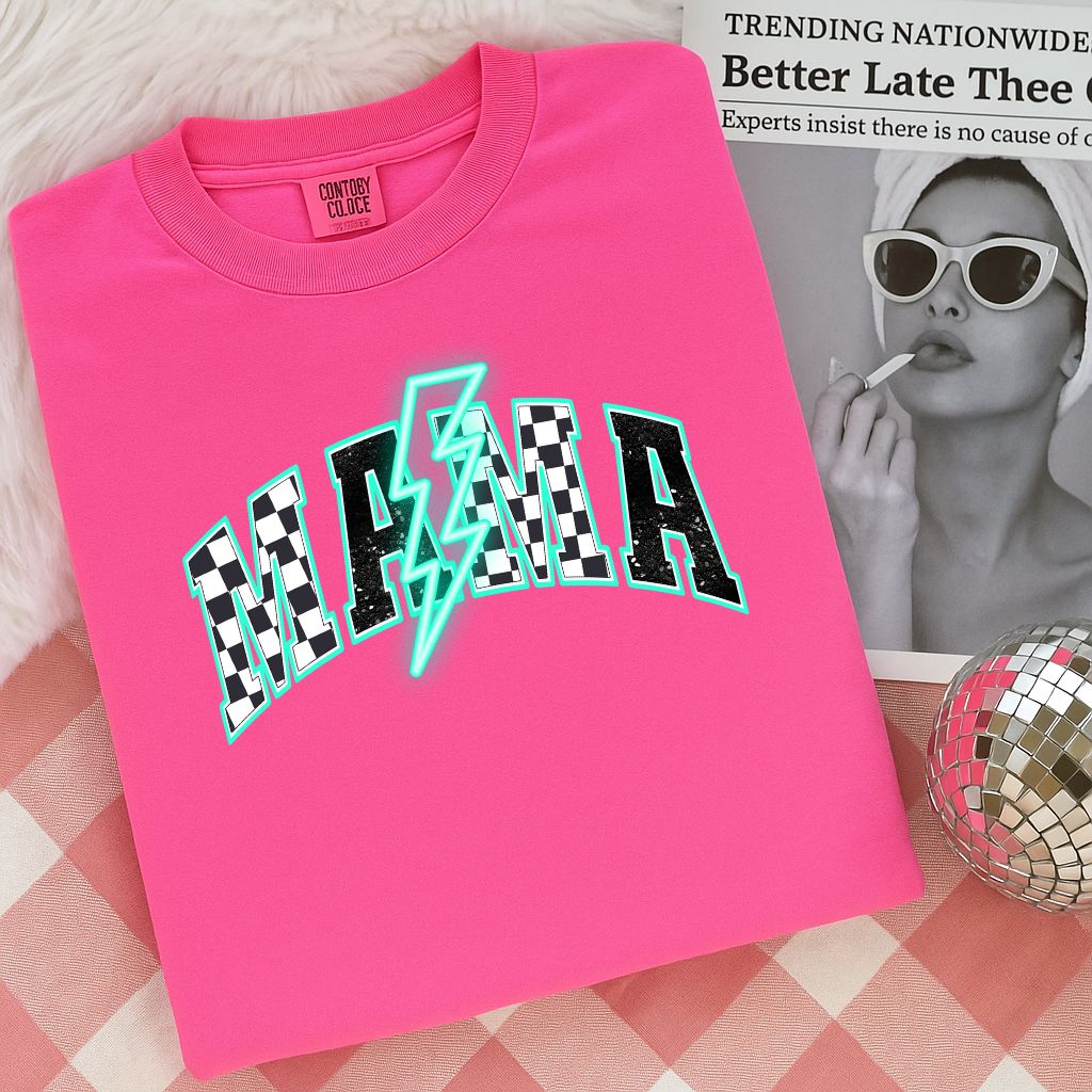 PRE-ORDER * MAMA NEON RETRO TEAL *  GLITTER CLEAR FILM SCREEN PRINT
