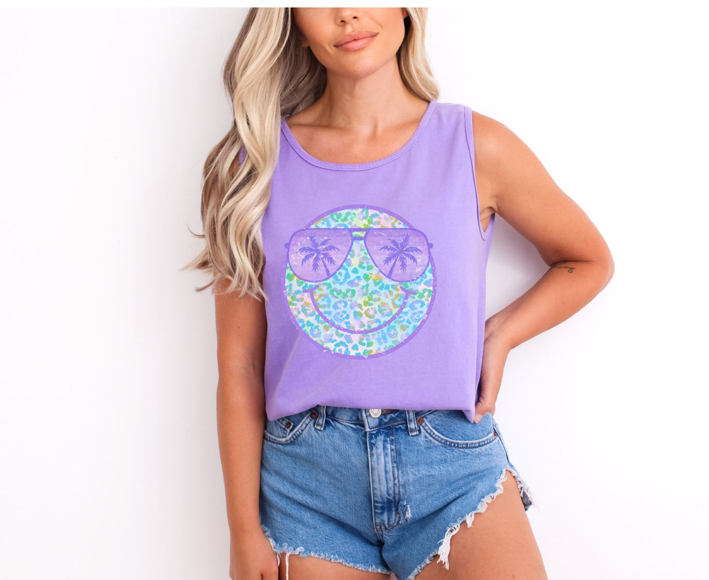 PRE-ORDER*PURPLE SUMMER SMIEY * GLITTER CLEAR FILM SCREENPRINT TRANSFER