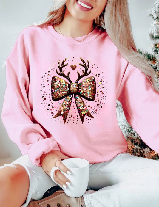 RTS * CHRISTMAS SEQUINNED DEER BOW * GLITTER CLEAR FILM SCREENPRINT TRANSFER