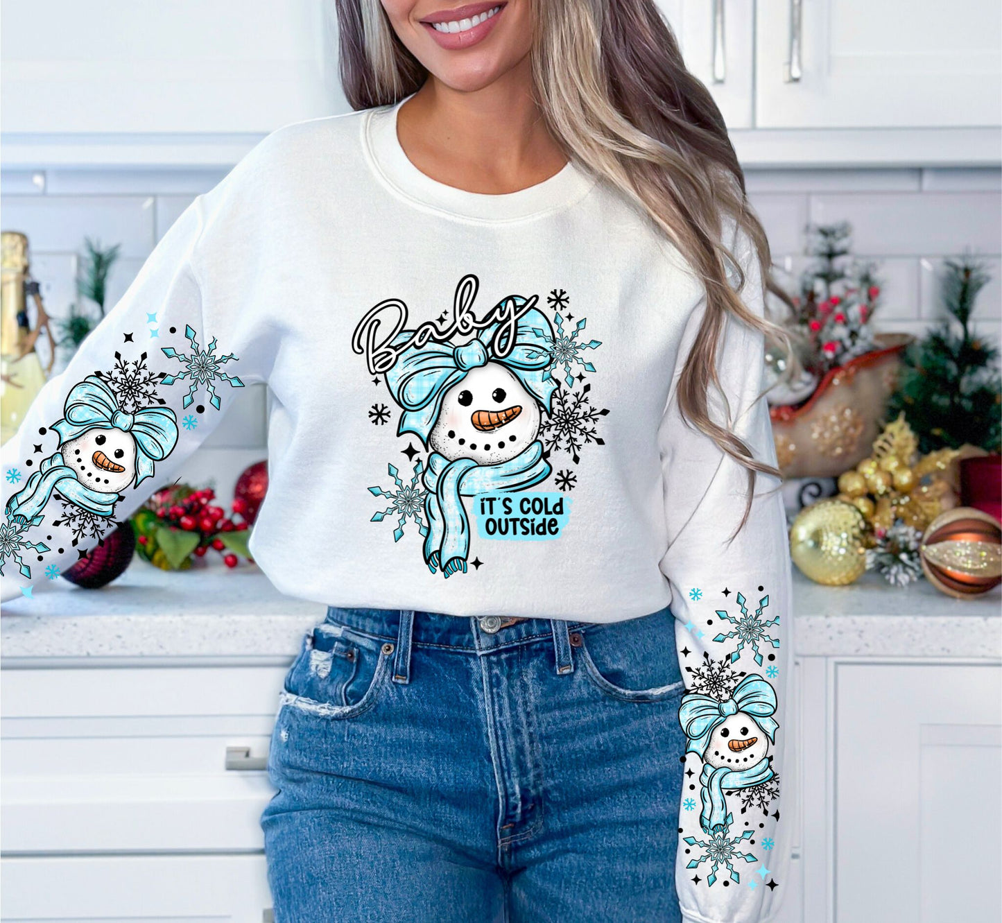 RTS*BABY ITS COLD OUTSIDE W/ 2 SLEEVES *GLITTER CLEAR FILM SCREEN PRINT TRANSFER