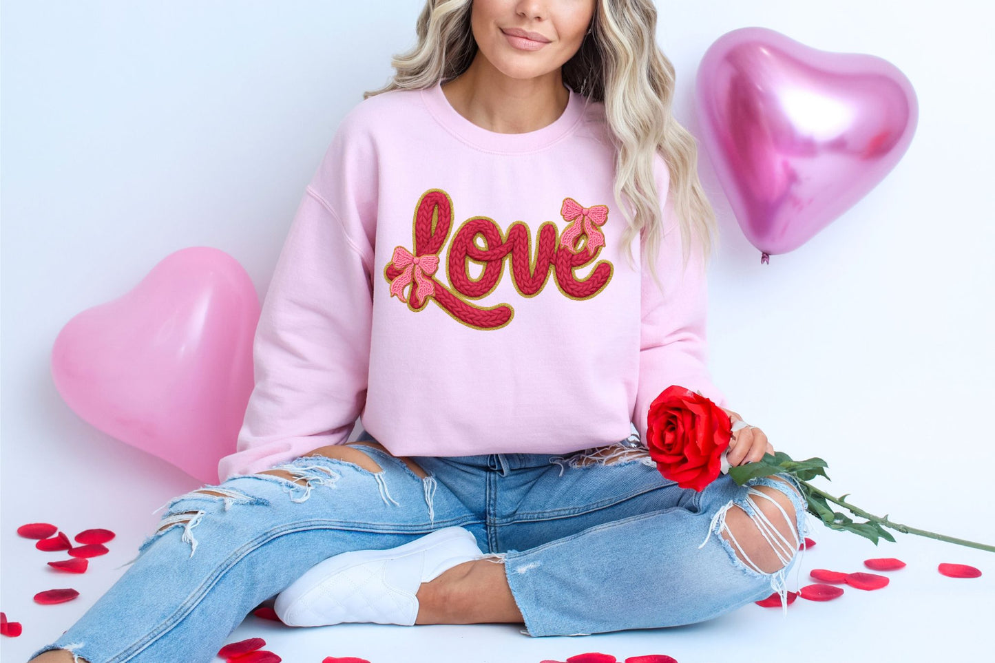 RTS*RED LOVE FAUX YARN PINK BOWS* CLEAR FILM SCREEN PRINT TRANSFER WITH GLITTER