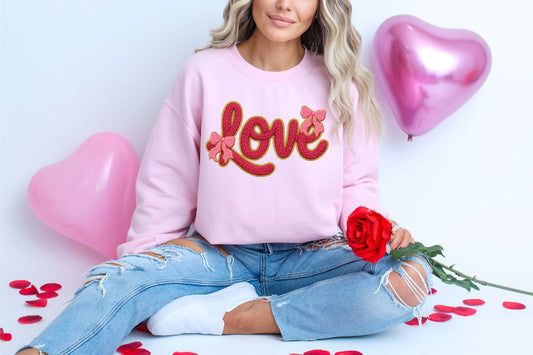 RTS*RED LOVE FAUX YARN PINK BOWS* CLEAR FILM SCREEN PRINT TRANSFER WITH GLITTER