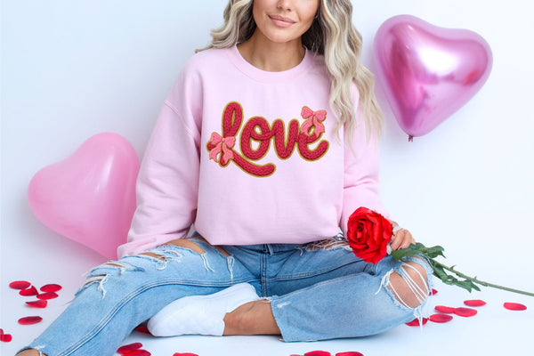 RTS*RED LOVE FAUX YARN PINK BOWS* CLEAR FILM SCREEN PRINT TRANSFER WITH GLITTER