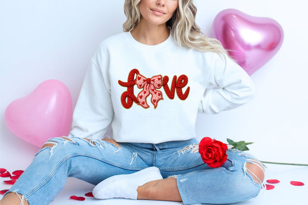 RTS*RED LOVE FAUX YARN* CLEAR FILM SCREEN PRINT TRANSFER WITH GLITTER