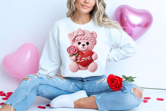 PRE-ORDER**PINK LOVE YARN BEAR** CLEAR FILM SCREEN PRINT TRANSFER WITH GLITTER